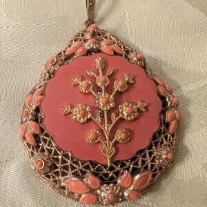Vintage Victorian Orange Enamel Filigree Brooch Center Flower